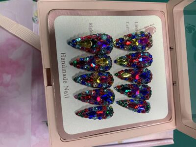 (Diamond Queen) Colorful Luxury Diamond Long Almond Handmade Press On Nails photo review