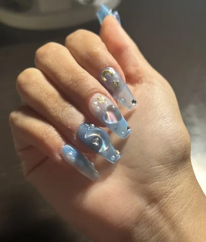 (Sprout Ocean) Blue 3D Long Coffin And Short Round Handmade Press On Nails photo review