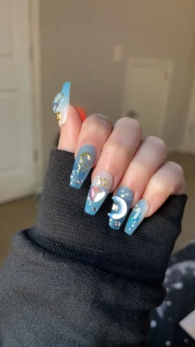 (Sprout Ocean) Blue 3D Long Coffin And Short Round Handmade Press On Nails photo review