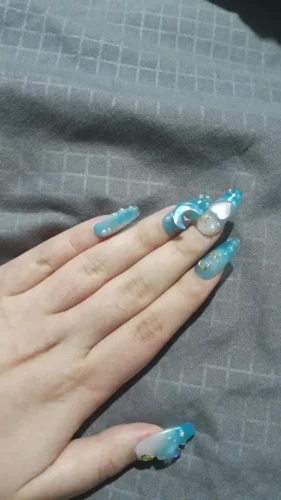 (Sprout Ocean) Blue 3D Long Coffin And Short Round Handmade Press On Nails photo review