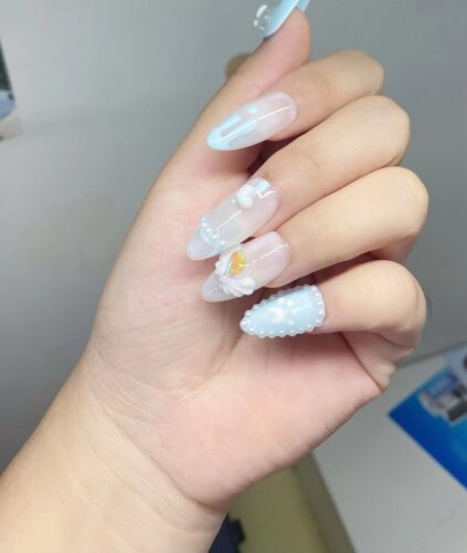 (Pearl Dreams) Cute Blue Long Almond Handmade Press On Nails photo review