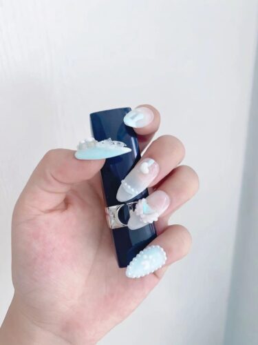 (Pearl Dreams) Cute Blue Long Almond Handmade Press On Nails photo review