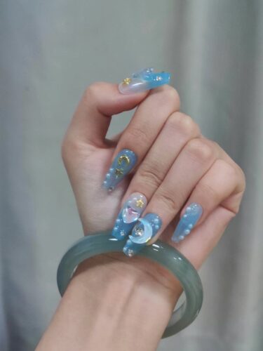 (Sprout Ocean) Blue 3D Long Coffin And Short Round Handmade Press On Nails photo review