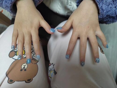 (Sprout Ocean) Blue 3D Long Coffin And Short Round Handmade Press On Nails photo review