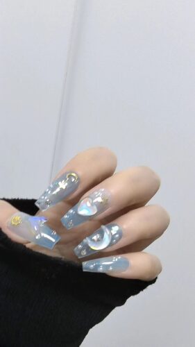 (Sprout Ocean) Blue 3D Long Coffin And Short Round Handmade Press On Nails photo review