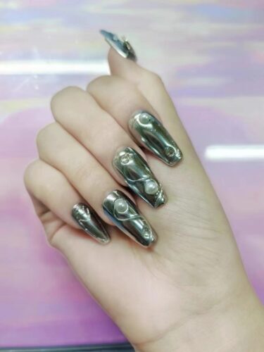 (Silver Spice) 3D Luxury Long Coffin Handmade Press On Nails photo review