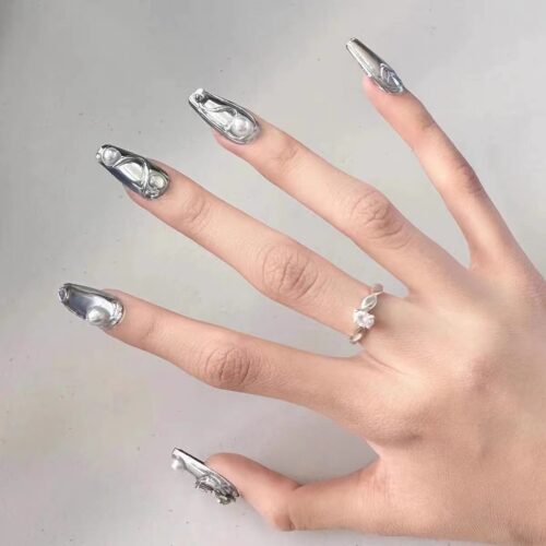 (Silver Spice) 3D Luxury Long Coffin Handmade Press On Nails photo review