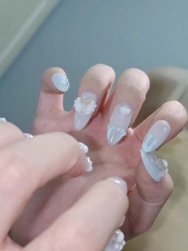 (Pearl Dreams) Cute Blue Long Almond Handmade Press On Nails photo review